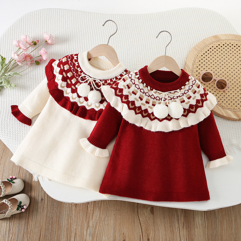 Baby Clothing Line - Dziewczęce dzianinowe sukienki wiosenno-jesienne, wełniane swetry